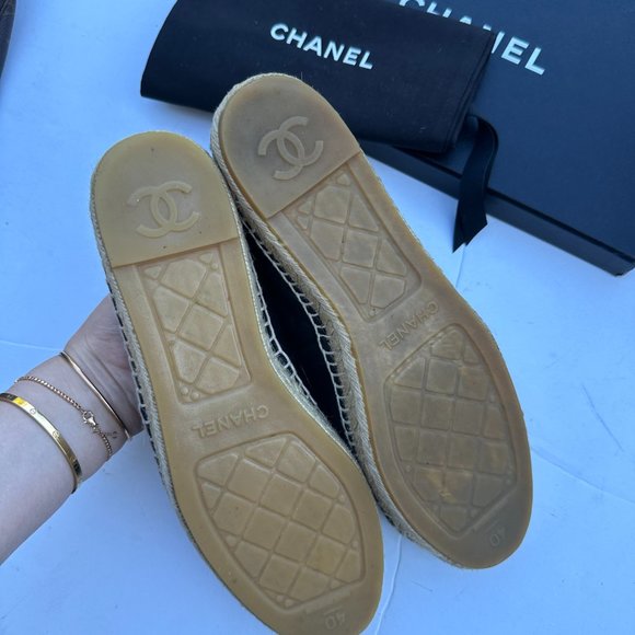 Chanel CC Espadrilles Flat Loafers Sz 40 Lambskin Leather Black - Picture 11 of 16
